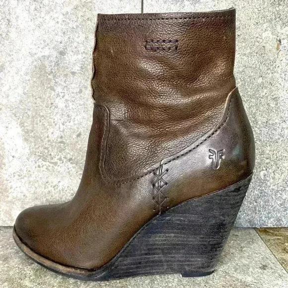 FRYE Cece Artisan Ankle Wedge Brown  Zip Up Boots Women’s Size 8.5M - Picture 1 of 11
